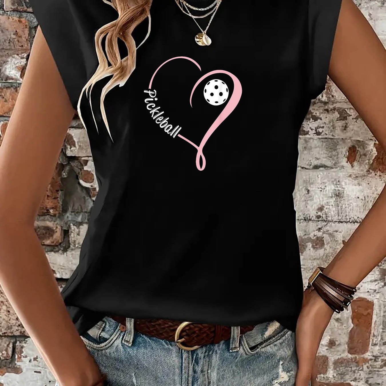 TEMU Pickleball Lover Heart Minimalist Graphic Print T-shirt, Short Sleeve Crew Neck Casual Top For Summer And Spring, Women's Clothing