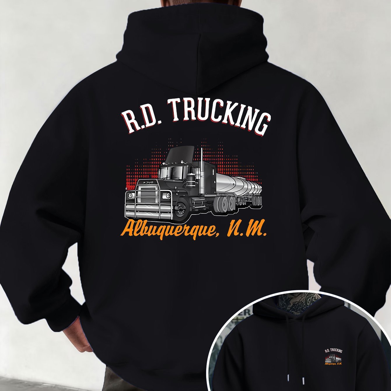 TEMU Men's Fall Winter Trendy Hooded Sweatshirt, R.d. Trucking Double-sided Creative Print Pattern, Style Easy Versatile Top, Highway Freight Style