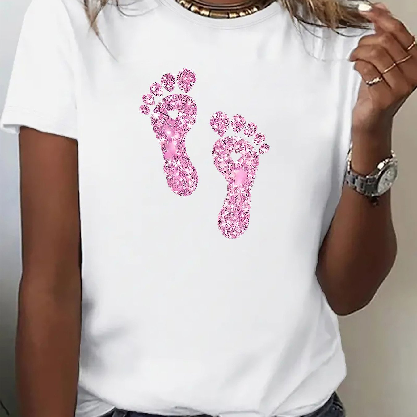 TEMU A Short-sleeved T-shirt With A Pink Glittery Footprint Pattern, Perfect For Casual Wear And Running. It Combines Fashion, , And A Fun, Made From