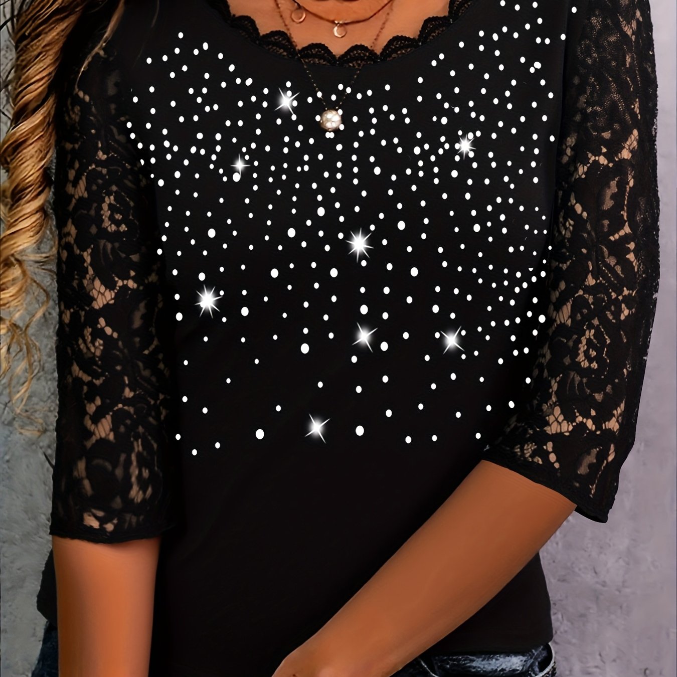 Image of Women's Elegant Lace-trimmed V-neck Rhinestone T-shirt - Sparkling , Medium Stretch, Machine Washable, Casual & Formal Top, Ladies T Shirts, Versatile Fashion, Lace Detail Shirt