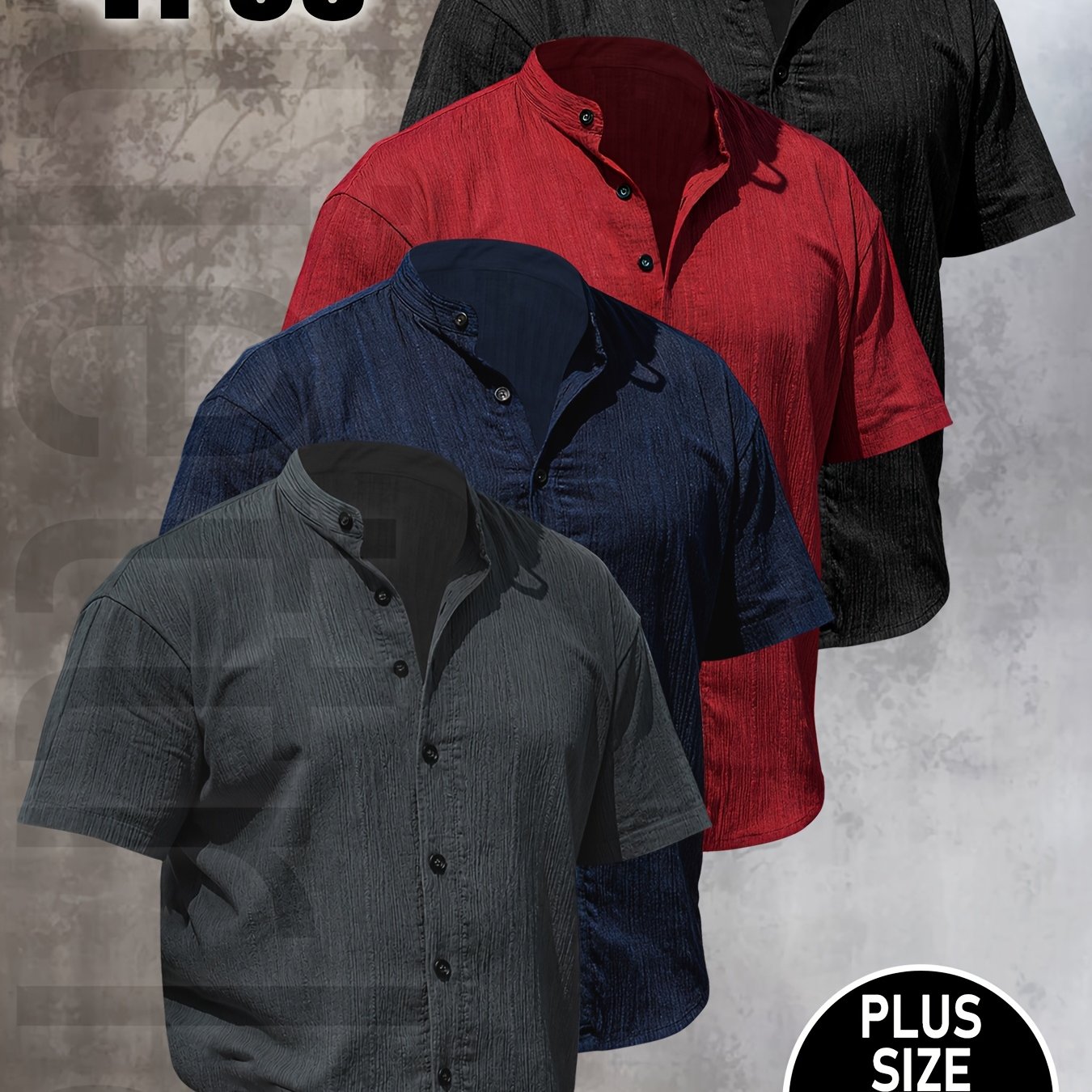 TEMU Darwin Obm 4pcs Men's Plus Size Summer Short Sleeve Shirts - Lightweight And Breathable Solid Color Button-up Shirts, Casual Stand Collar Tops,