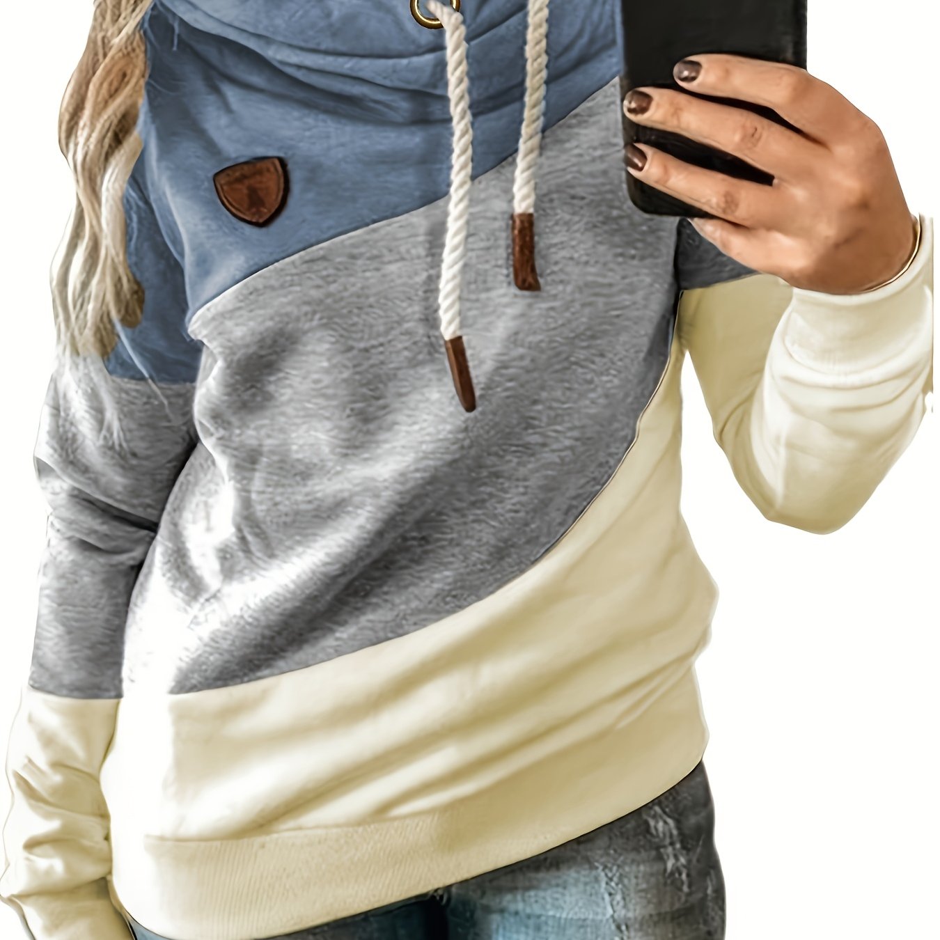 Plus Size - Plus Size - Women Casual Solid Contrast Splice Long Sleeve Strap Tops Casual Pullover Hoodies Sweatshirt