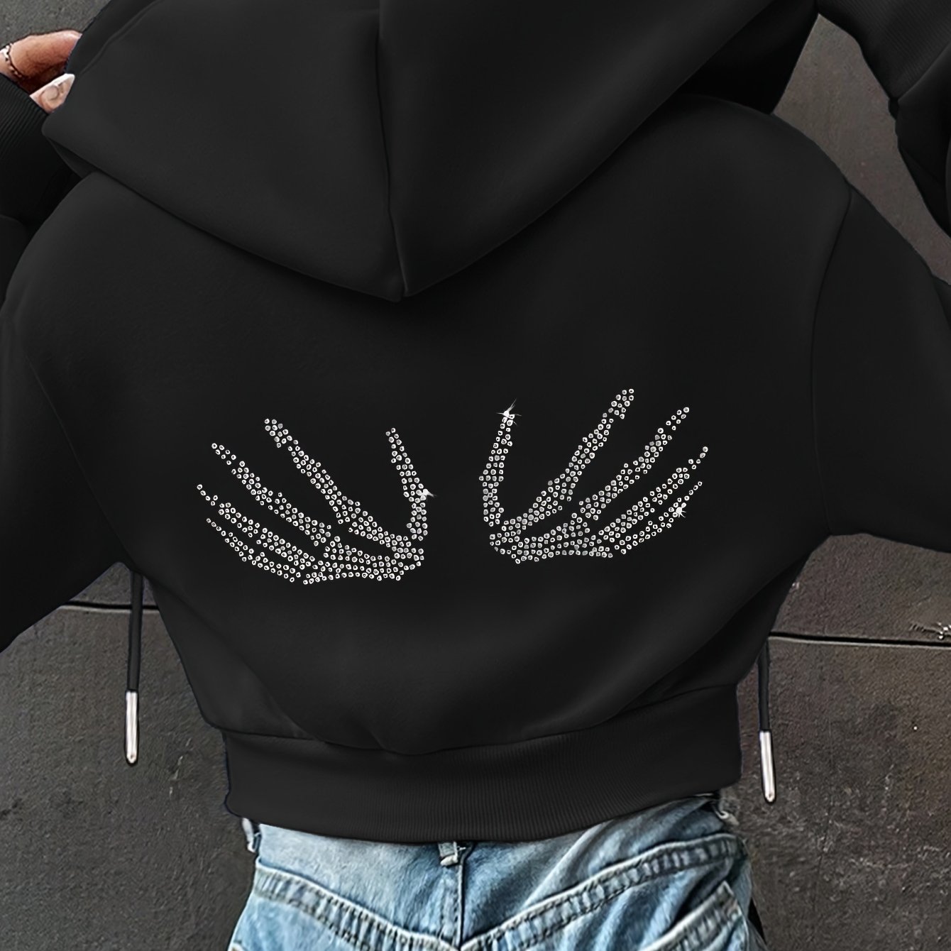 TEMU Fashionable And Versatile Diamond Skull Hand Print, Minimalist Style Autumn/winter Short Zip-up Hooded Sweatshirt, Suitable For Daily Work