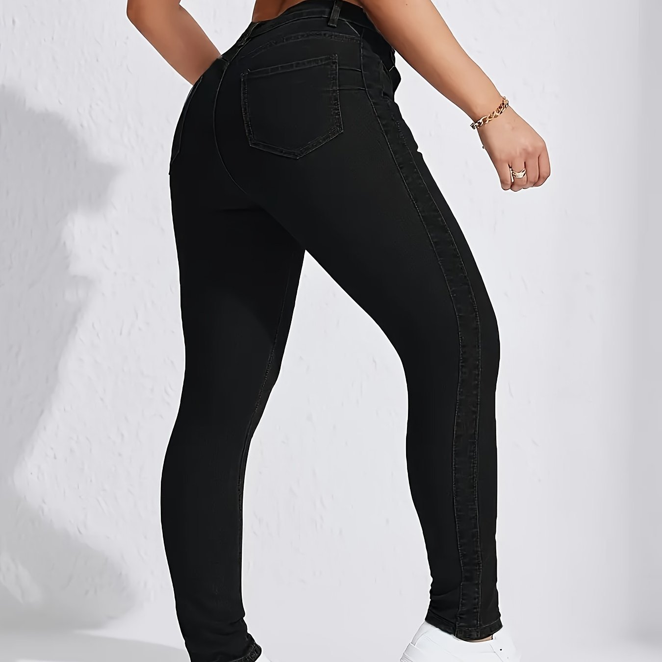 TEMU Women's Mid-waist Skinny Jeans - Stretchy Non-see-through Black Pants, Machine Washable Everyday Jeans For Women, Versatile Fit For Casual,