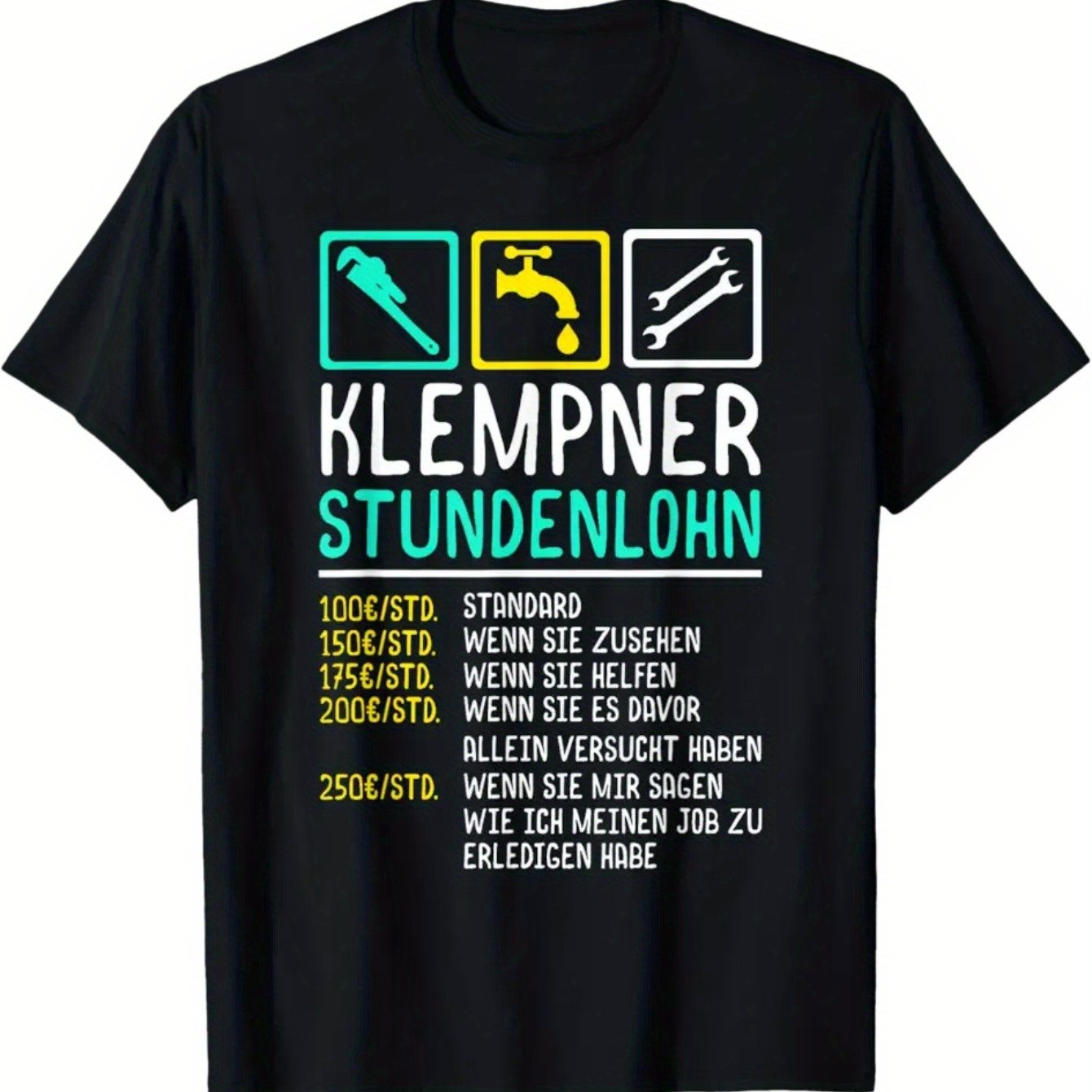 Plumber Set Installer T-shirt - Black Featuring German Plumbing Graphic (kleinper Standenlohn) - Durable Workwear Tee For Plumbers, Contractors