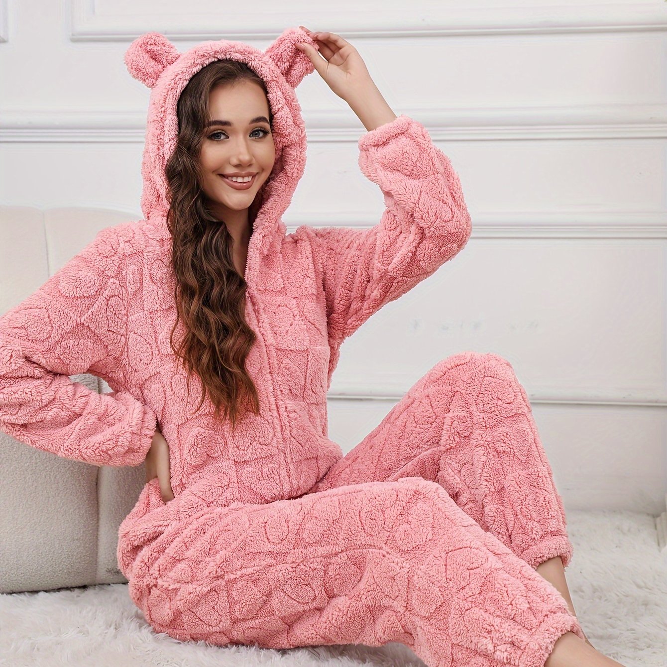 TEMU Pattern Zip Up Hooded Teddy , Long Sleeve For Fall & , Women's Clothing