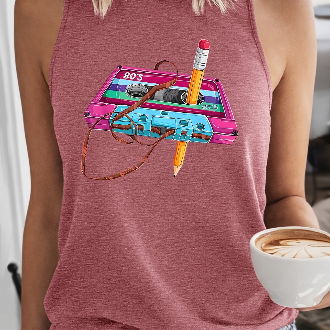 TEMU Women's Vintage Cassette Tape Pencil Print Sleeveless Top - Retro Loose-fit T-shirt Suitable For Parties, Vacations & Casual Attire, Machine