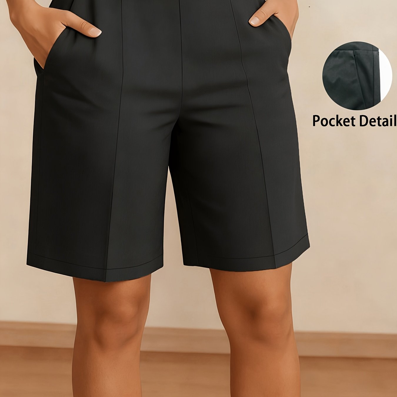 Image of Women's Belt-less High-waist Solid-color Shorts, Suitable For Formal Occasions, Elegant Office And Casual Wear, Ideal For Daily And Straight-leg Suit Shorts (belt Not Included)