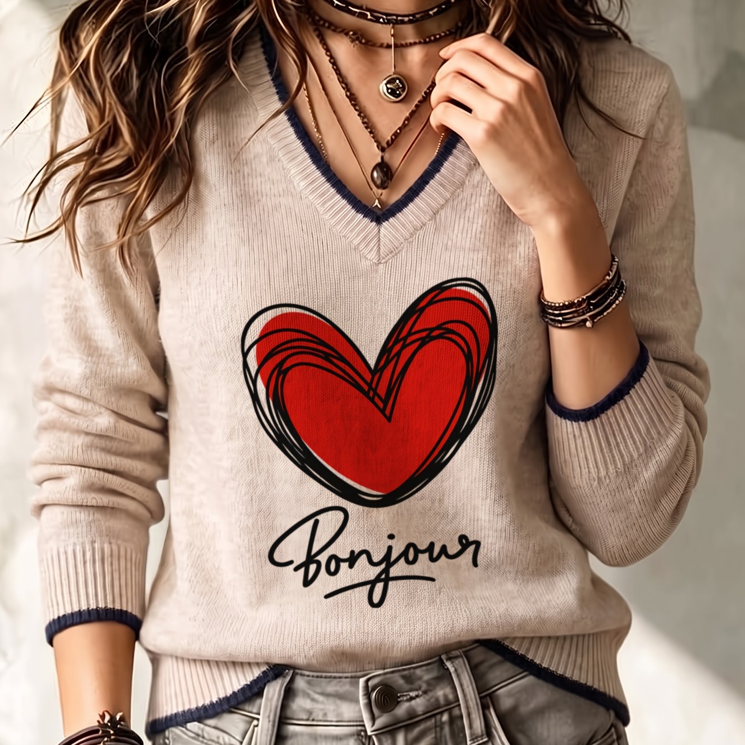 TEMU Pull à manches longues et col en V pour femme avec impression partielle numérique 2D, cœur rouge et français, style vintage , haut polyvalent