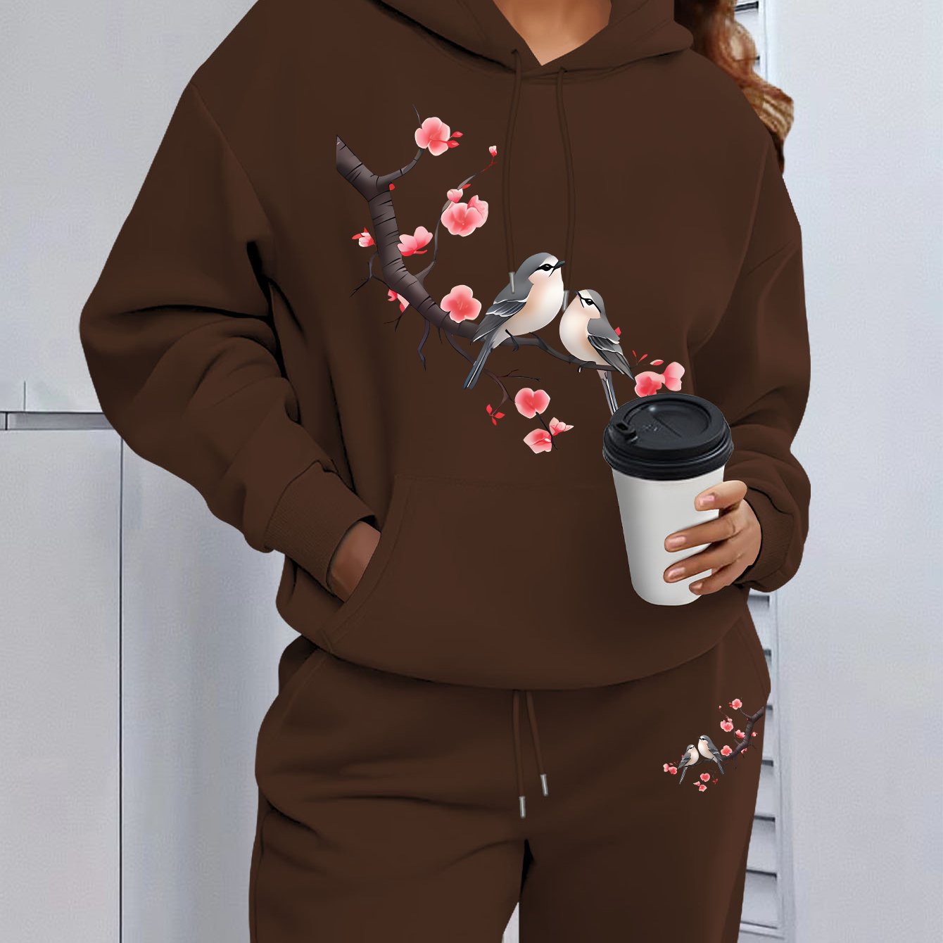 TEMU Hooded Sweatshirt And Sweatpants Set With Bird On Cherry Branch Print - Comfortable, Stretchy Fabric, Suitable For Casual Wear