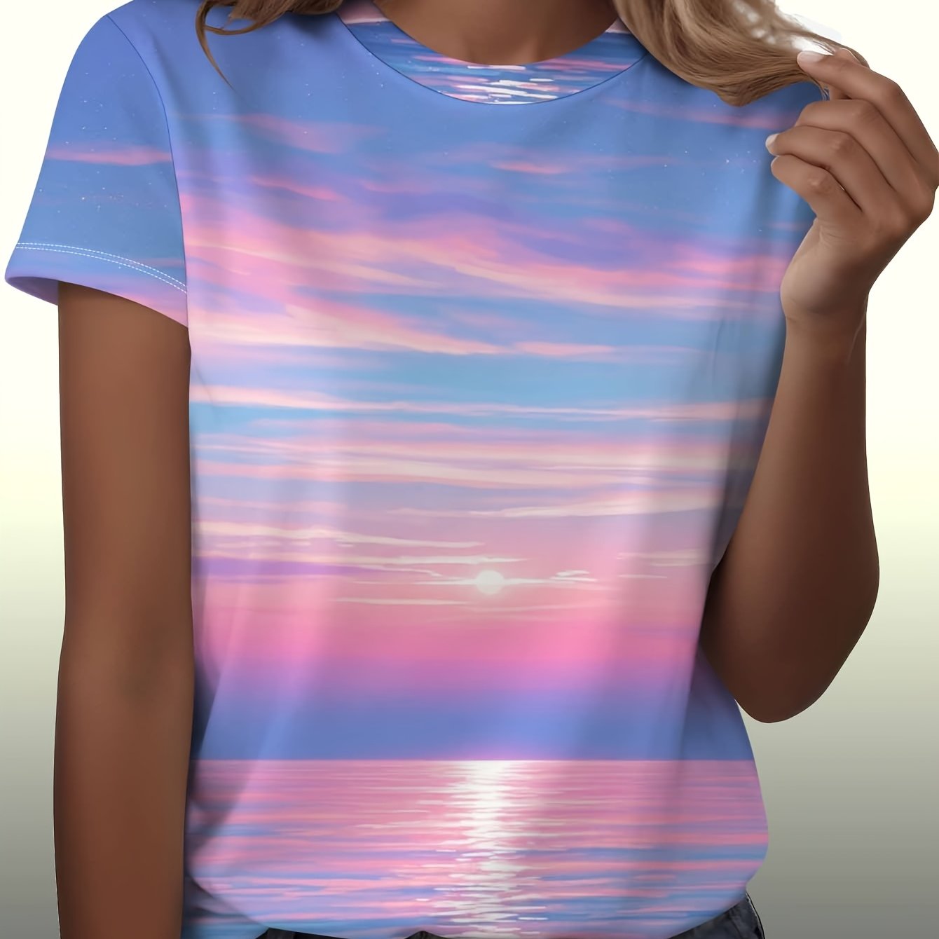 TEMU Women's Quick-dry Iridescent T-shirt - Pink To Blue Gradient Short Sleeve Top With Sea Sunset & Clouds, Round Neck Casual Blouse Shirt Suitable