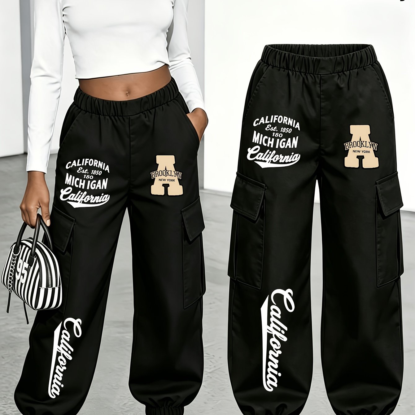 TEMU Plus Size Women's Cargo Joggers, California Letter Print Multi-pocket Cargo Pants Style, Elastic Ankle-cinching Casual Athletic Trousers,