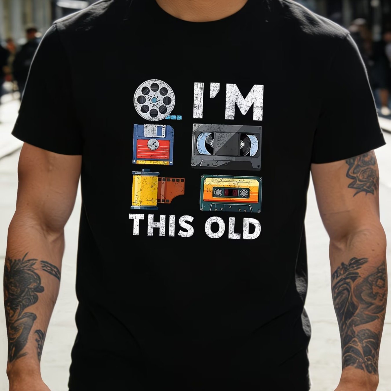 TEMU Men's Retro "i'm This Old" Cassette Tape T-shirt - Lightweight Short Sleeve Crew Neck Tee Suitable For Outdoor, Gym & Parties, Machine Washable