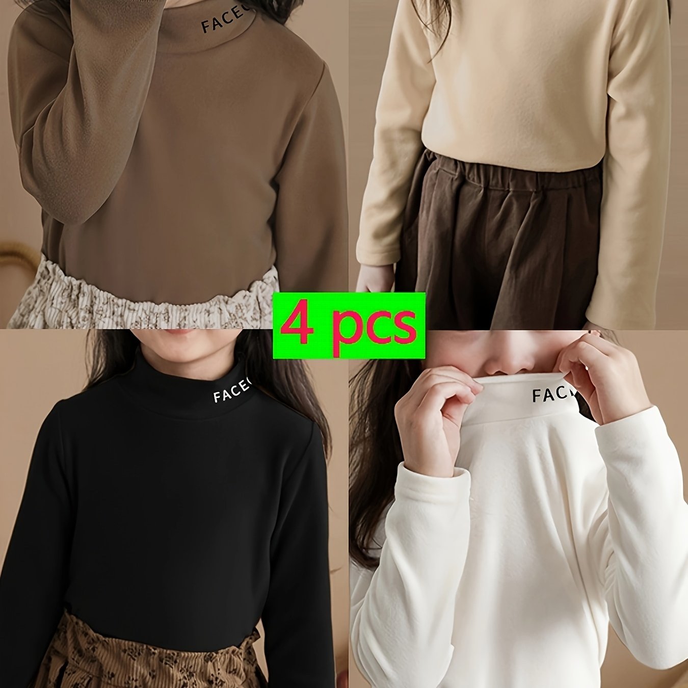 Image of 4pcs Set Girls Base Layer Sweater Winter Mid-high Neck Fashion Inner Boy Baby Spring Autumn Style Long Sleeve T-shirt