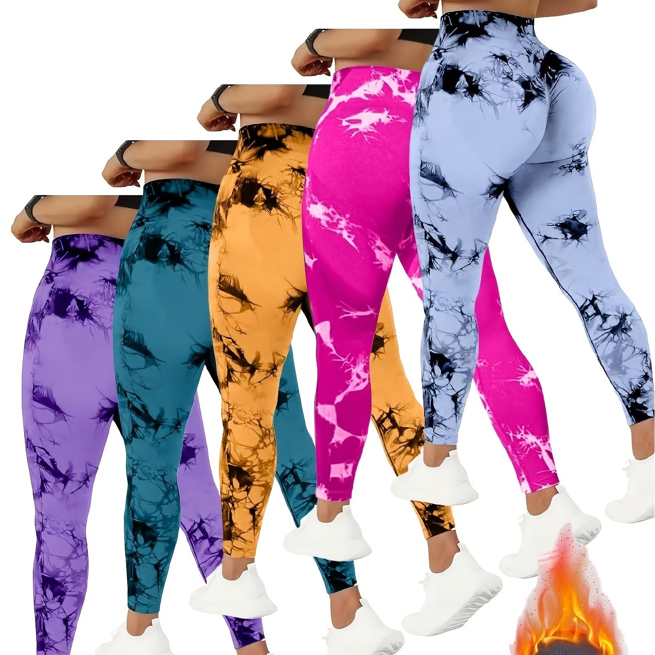 TEMU Qgu 5-pack High Waist Tummy Control Pants For Women, Summer Tie.dye Leggings, Stretchy Tights,assorted Colors