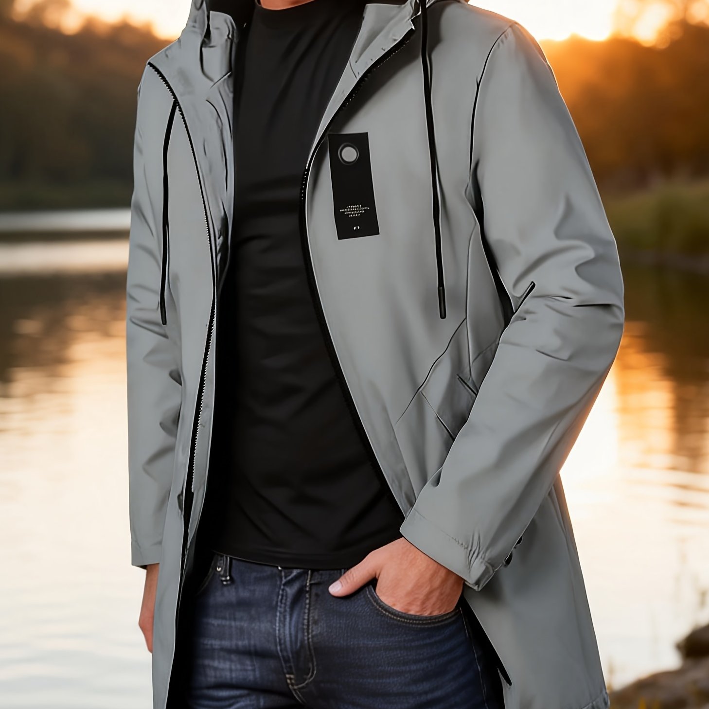 TEMU Men's Spring/autumn Casual Fashion Mid-length Hooded Jacket With Zipper Closure, Lightweight Outdoor Windbreaker Jacket For Sports, Hiking,