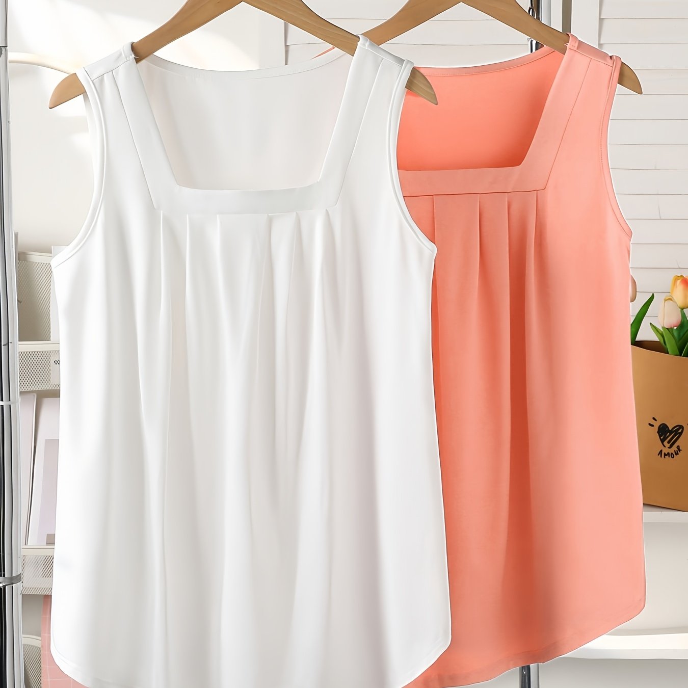2pcs Square Neck Tank Tops, Loose Casual Tops, Women's Clothing