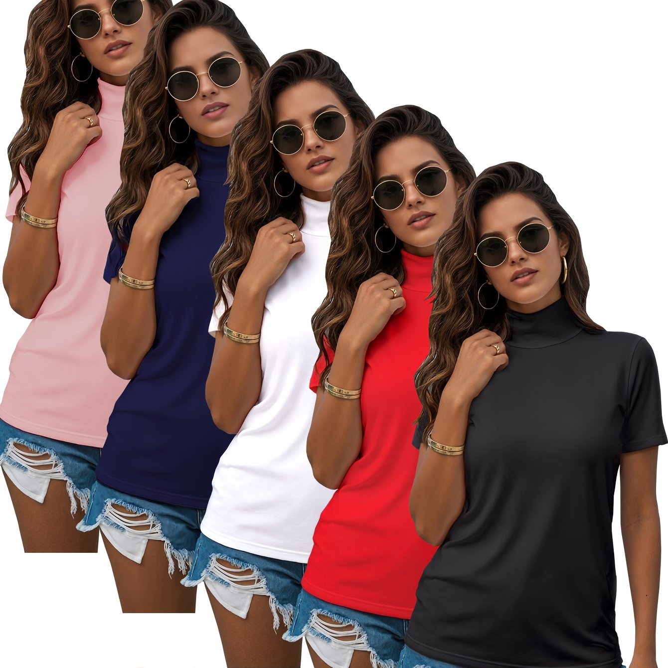TEMU Plus Size - Plus Size - 5 Women's Soft And Stretchy Short-sleeve Turtleneck Tops, Versatile For Wearing Alone Or Layering As A T-shirt