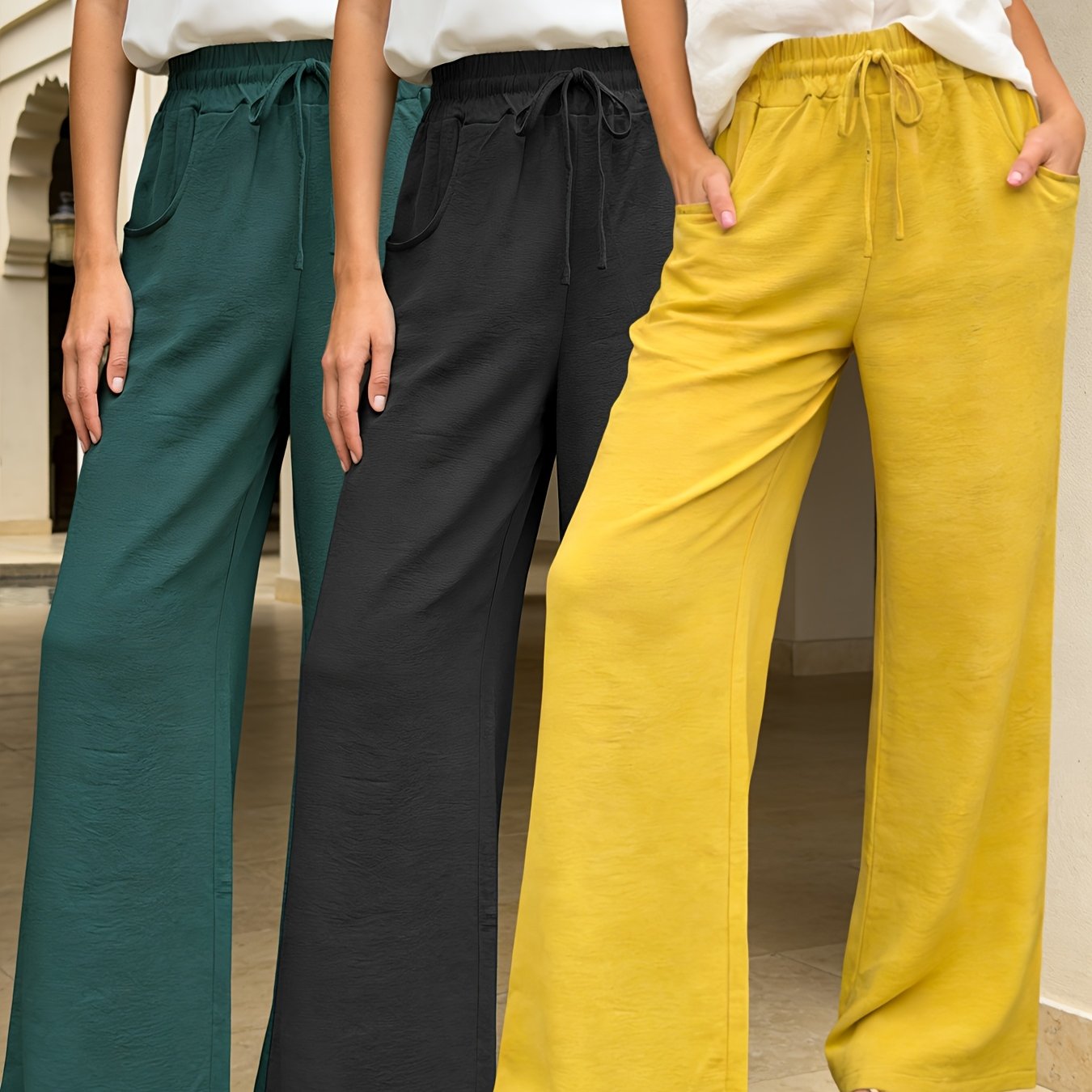 E-shop 3 Stück Damen Weitbeinige Hosen mit Elastischem Bund – Lockere Maxihosen für Casual, Urlaub, Freizeitkleidung – Weitbeinige Hosen mit