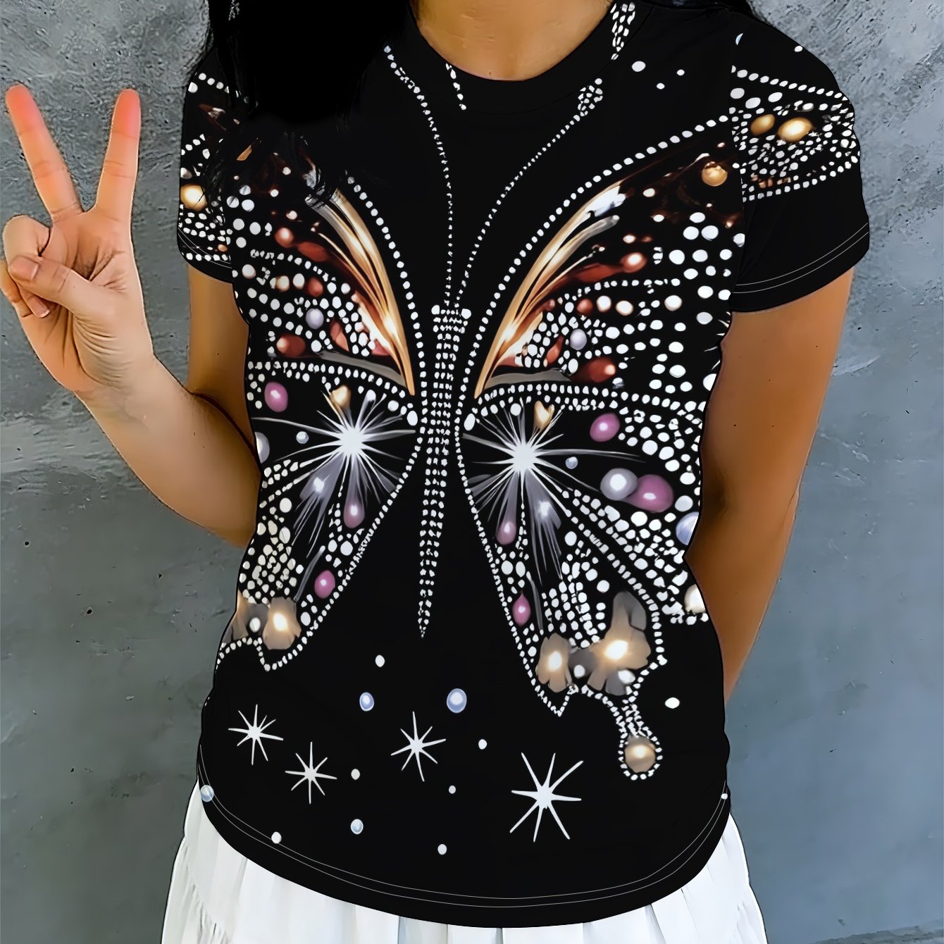 TEMU Women's Shimmering Rhinestone Short-sleeve T-shirt - Full-body Print Round Neck Blouse Suitable For Casual & Dressy Outfits, Machine Washable