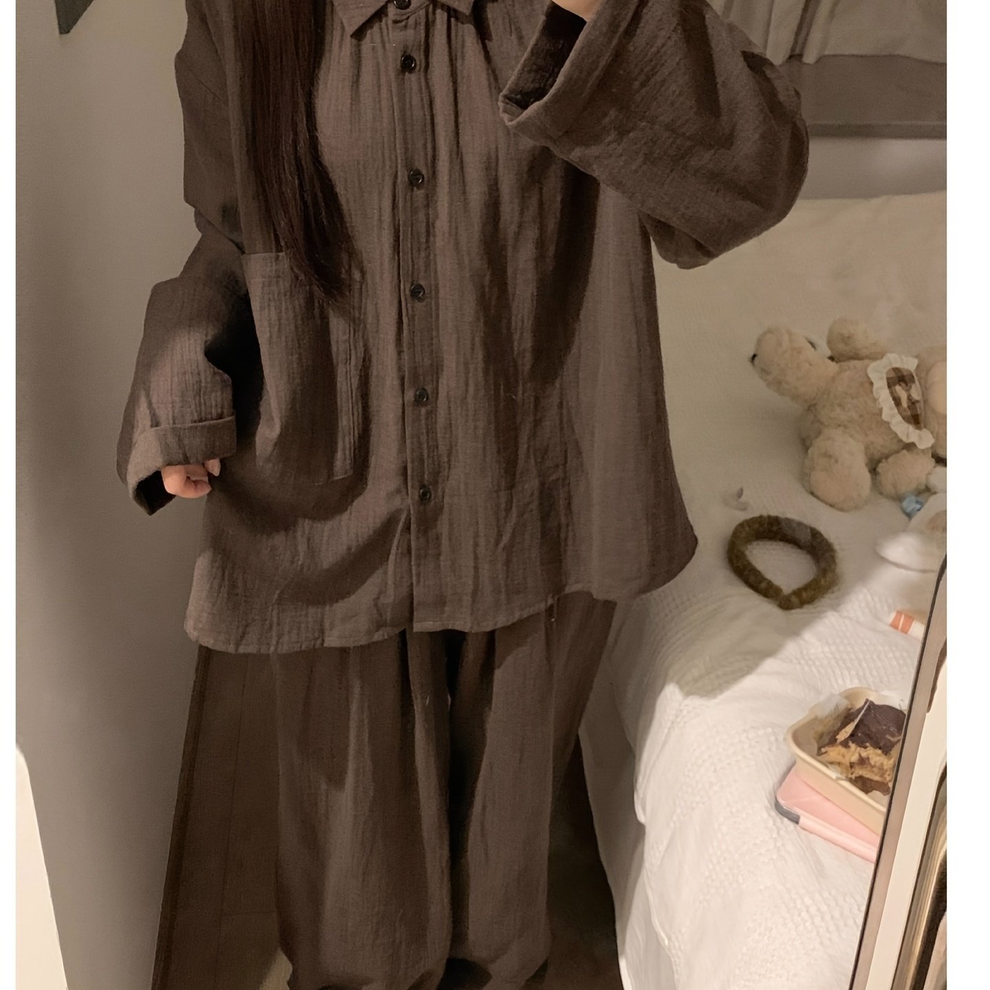 TEMU 【大きいサイズ】レディース ピュアガーゼ パジャマ、秋の新作カジュアルホームウェアセット（長袖＆パンツ）、インドア＆アウトドアに最適
