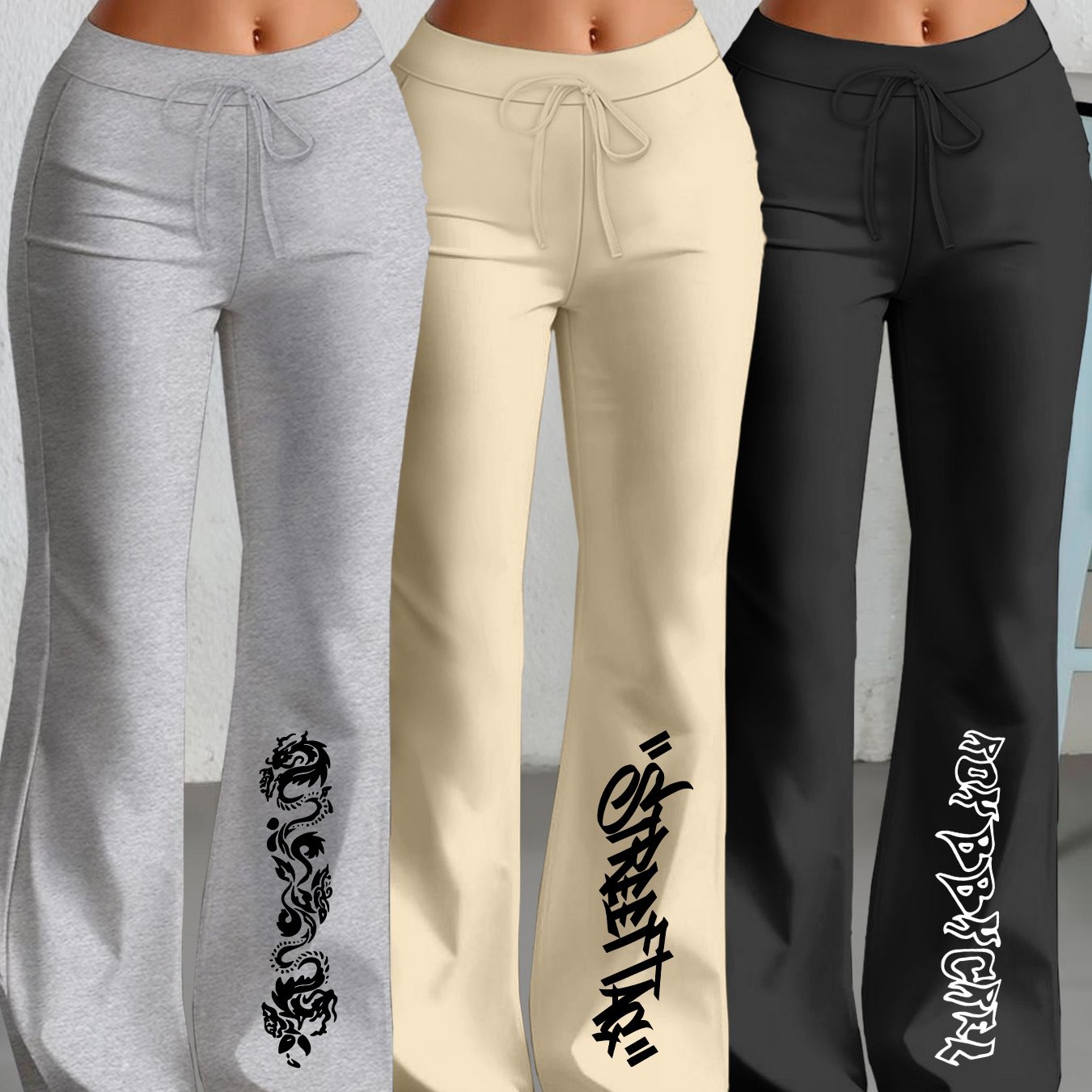 TEMU Three-piece Set Of Casual Trendy Printed Long Pants With A Flare And Straight 's Fashion In Europe And America