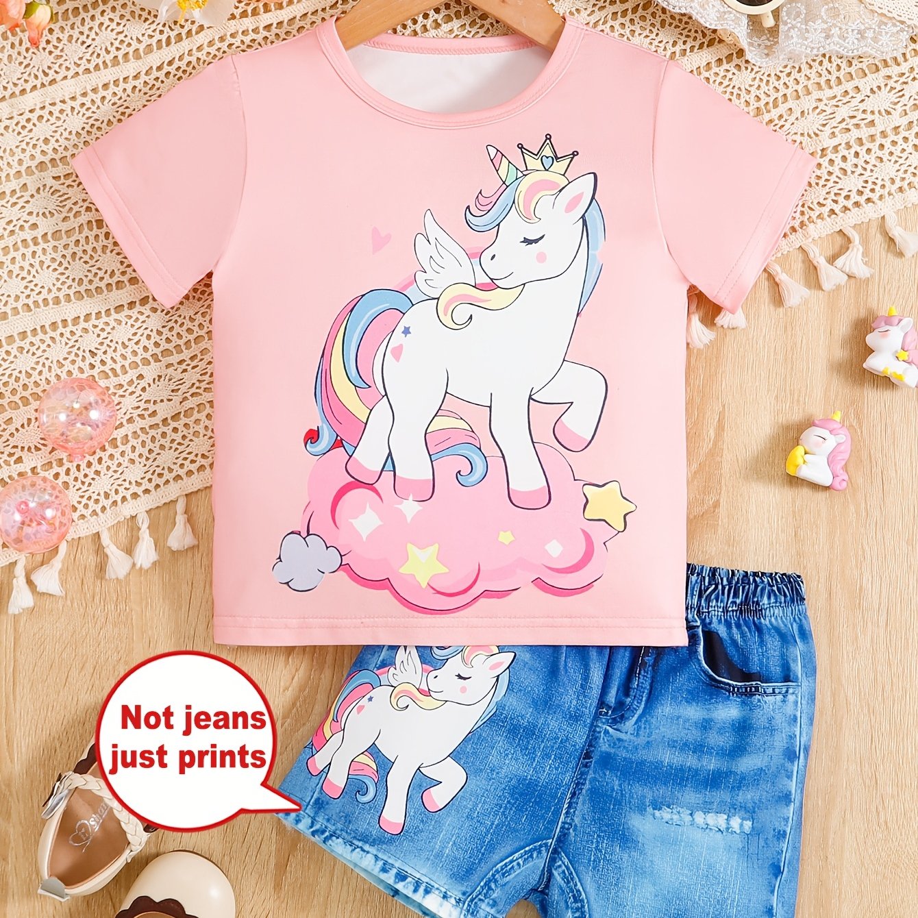 Image of 2pcs ' Unicorn Print & Denim Shorts Outfit - Cute Matching 2pcs Summer Playwear, Short Sleeve T-shirt & Shorts For, Machine Washable ' Clothes For Birthdays & , Perfect For Outdoor