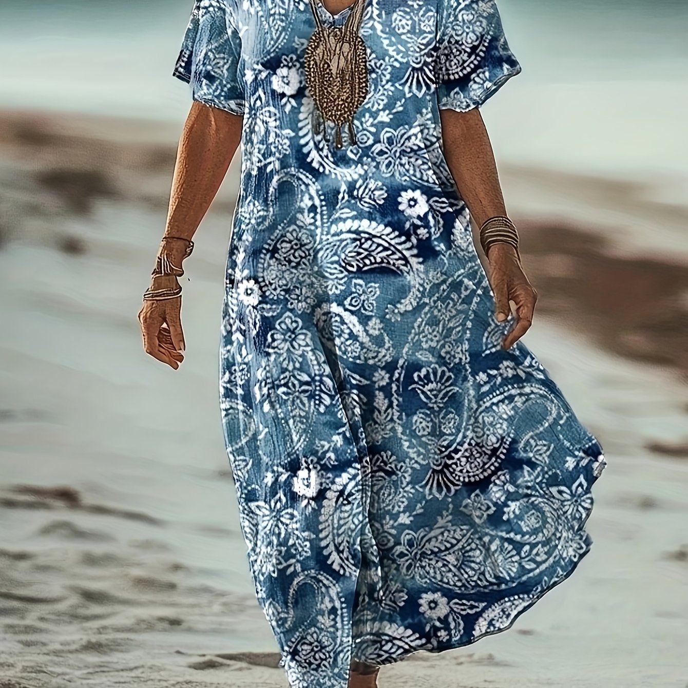 Image of Spring-summer Women's Plus Size Printed Short Sleeve V-neck Dress, Long Loose Casual Elegant Summer Dress