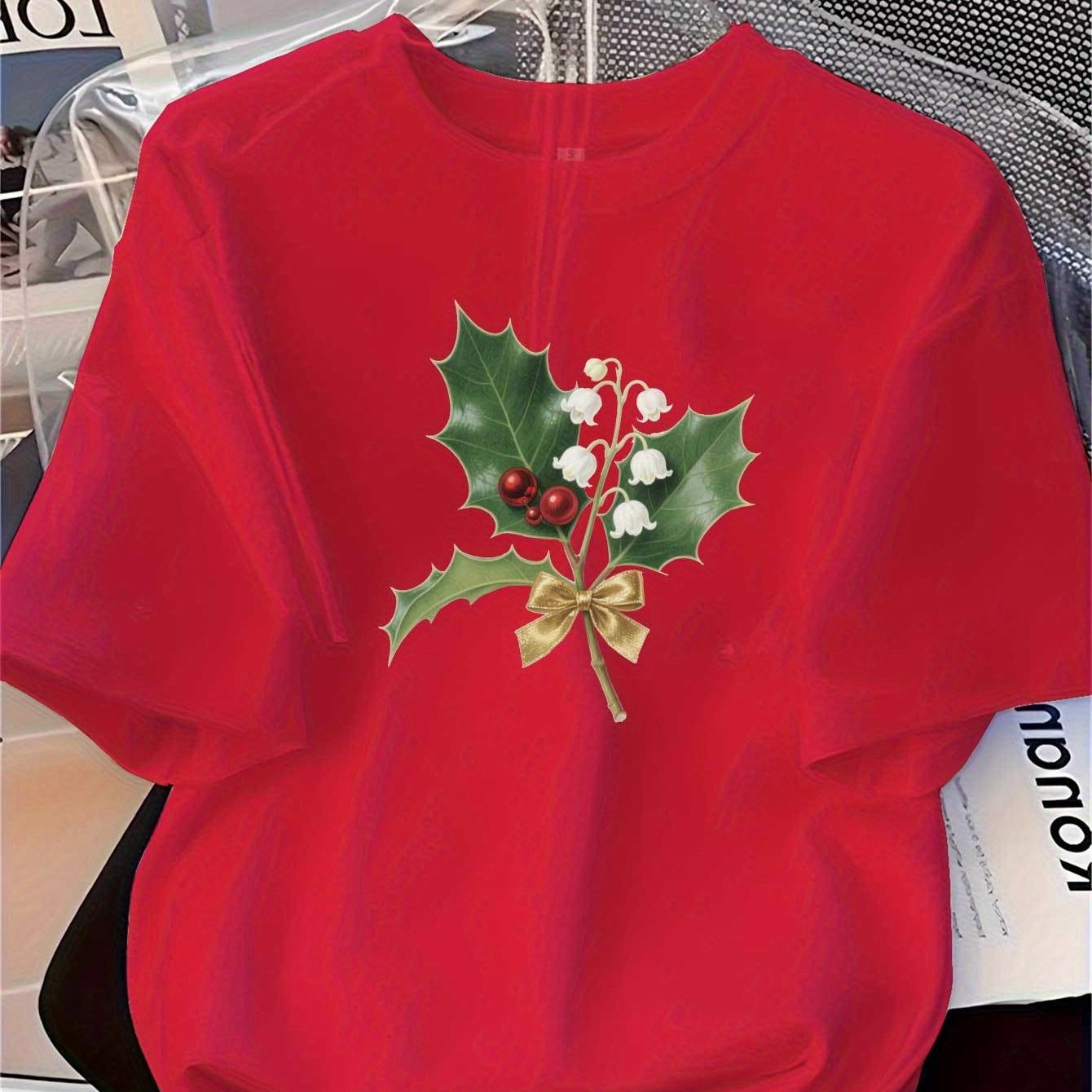 TEMU Women's Fashion Printed Top, Soft And Versatile With Christmas Holly Leaf Pattern