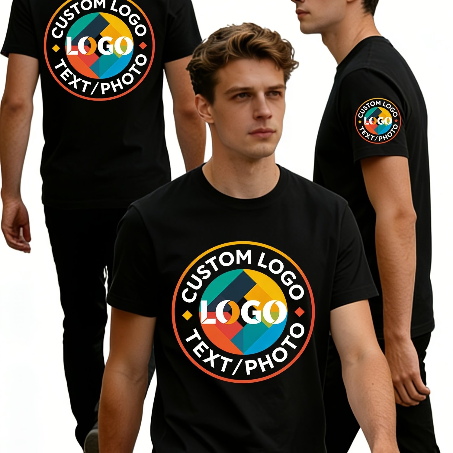 TEMU Custom Men's Quick-dry Athletic T-shirt, Breathable Moisture-wicking Fabric, 3 Customizable Pattern On Chest, , And Back, Summer Athletic