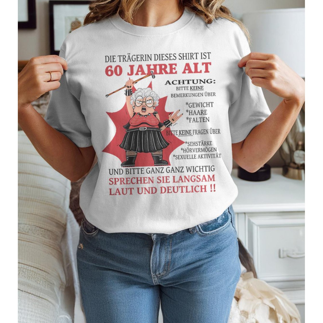 Women's Funny 60th Birthday T-shirt German Text Age Jokes (60 Years Old) Fit Short Sleeve Crew Neck Top Humorous Gift For 60 Year , Grandma Birthday Party Outfits