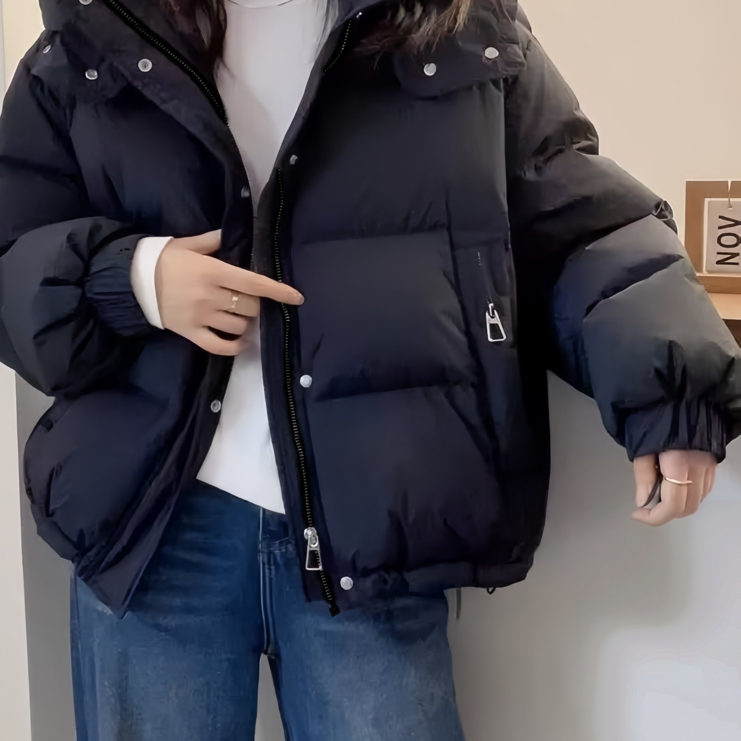 TEMU Black Short Hooded Padded Coat For Women, Autumn/winter Plaid Quilted Loose Fit Bread Puffed Padded Coat With Three-dimensional Cargo Pockets,