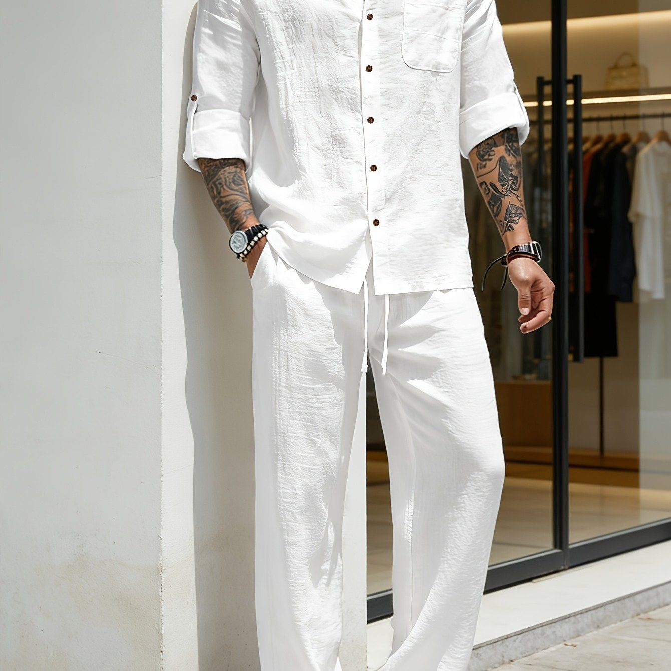 Image of Men's 2pcs Set, Stand Collar Shirt & Wide Leg Pants, Casual Beach Style, Lightweight & Breathable, Ideal For Daily & Outdoor Wear, Perfect Gift For Men