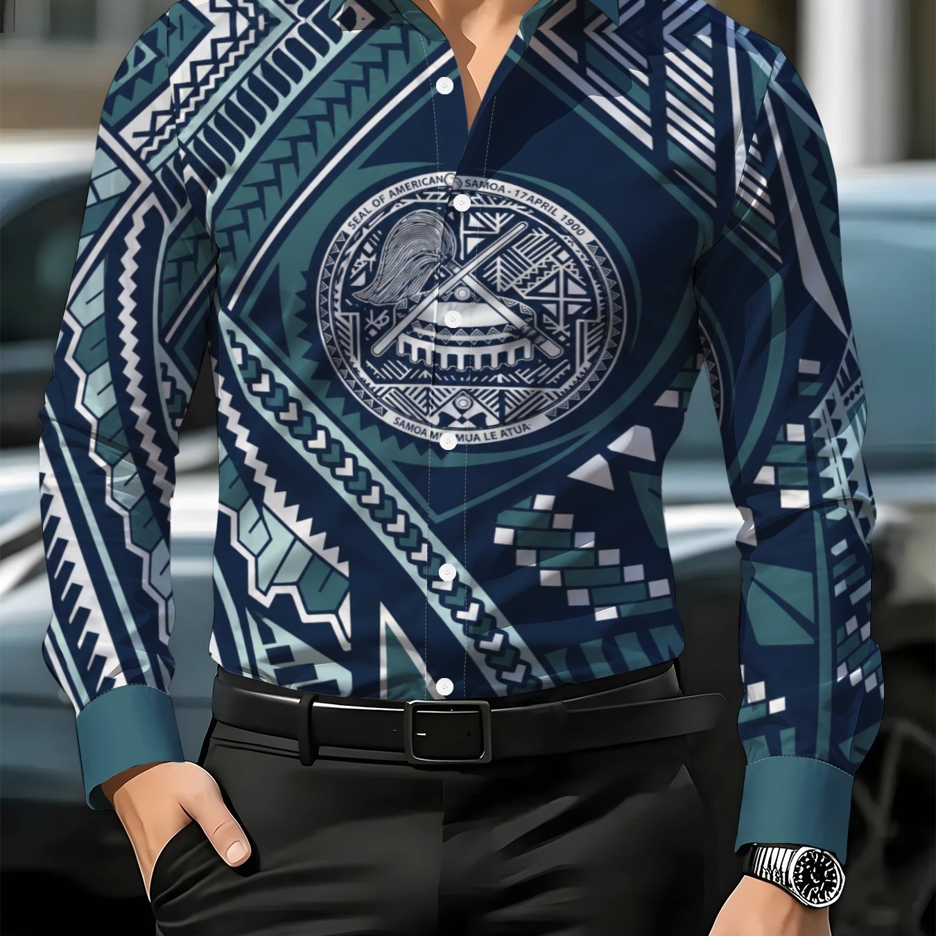TEMU Men's Long Sleeve Shirt With American Samoa Badge Ethnic Style, Printed Business Casual Lapel Top, Versatile Trendy Men's Wear For Daily