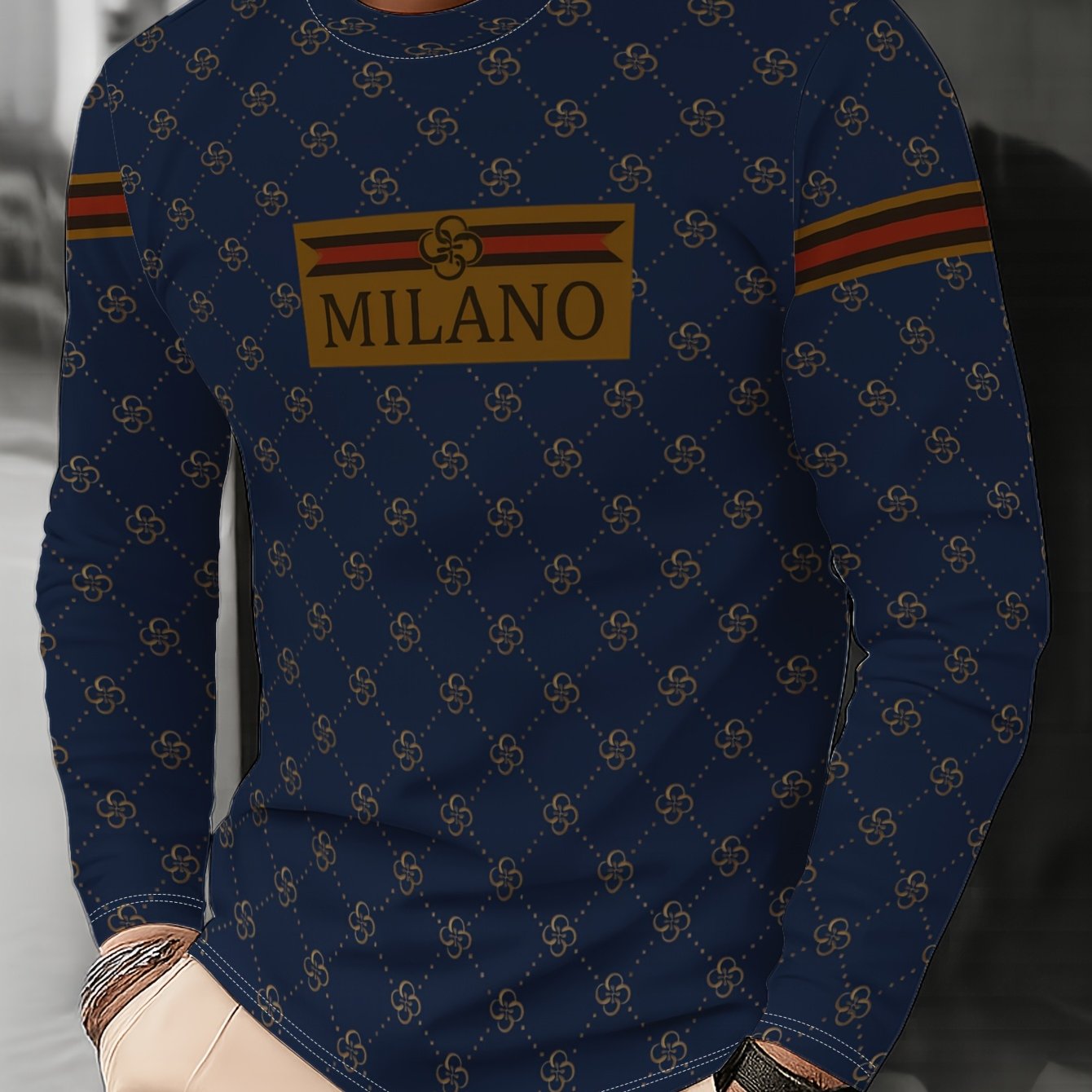 TEMU Fashion Trend Men's Round Neck Long Sleeve T-shirt G Letter Print Top Casual Versatile Slim Shirt Trendy Pattern T-shirt