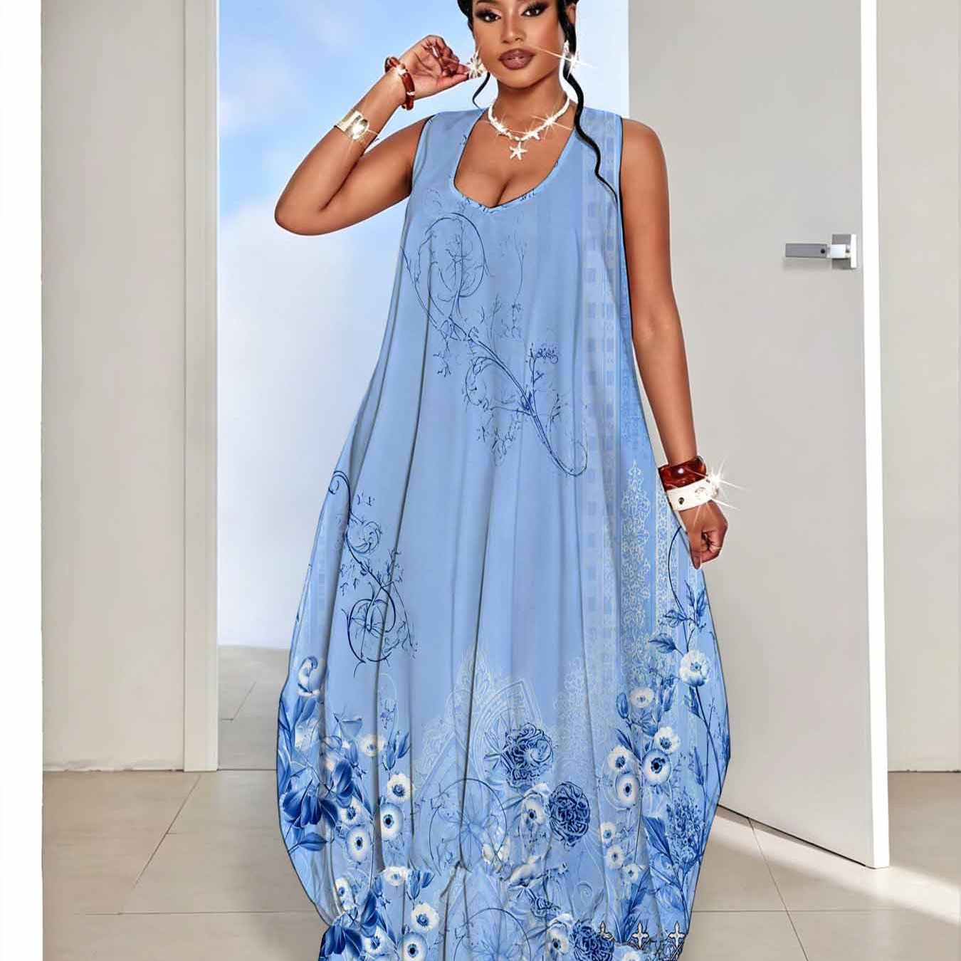 Image of Plus Size Blue Floral Print Dress, Women's Sleeveless Off-shoulder Loose Long Dress With Hem. Loose. Bright. Elegant Vintage Bohemian Style Beach Party Evening Dress