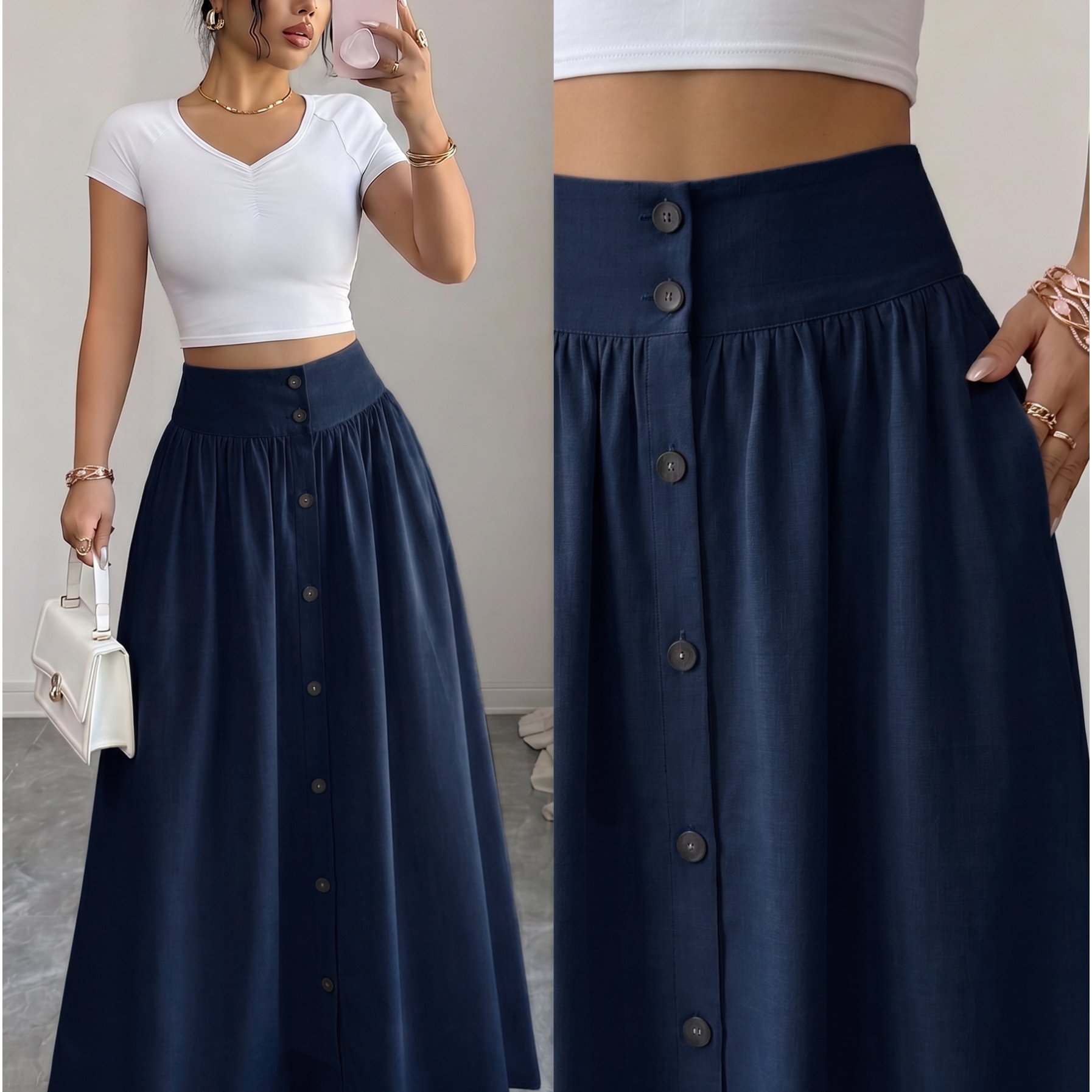 TEMU Women's Button-long Skirt, Fashionable Versatile Christmas Date Spring Autumn New