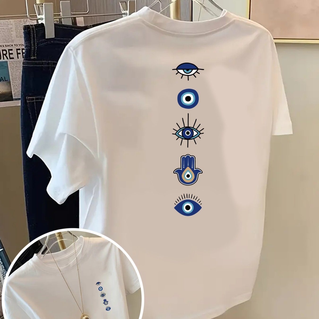 TEMU Evil Eye, Hand Print Tshirt Short Sleeve Crew Neck Casual Top For , Women's Clothing