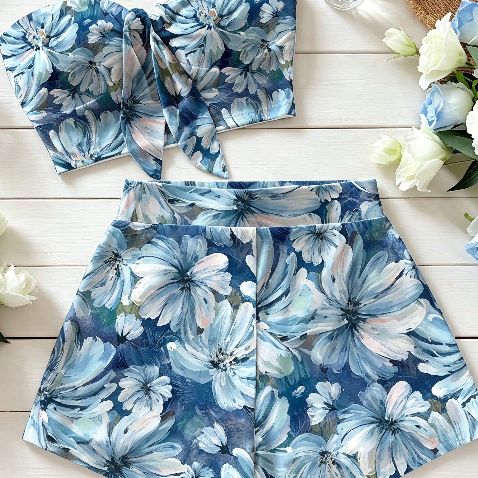 TEMU 2pcs Women Floral Print Twist Front Bandeau Top And Shorts Suit For Holiday Suitable For Going Out