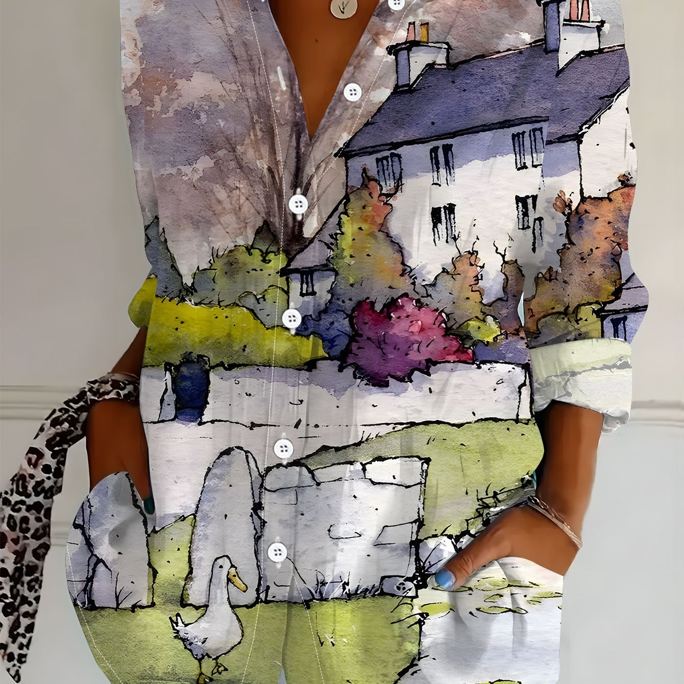 TEMU Plus Size, New Plus Size Women's Long Sleeve Printed Shirt, Versatile Elegant Shirt For Women, Watercolor Country Landscape, Loose Fit Long