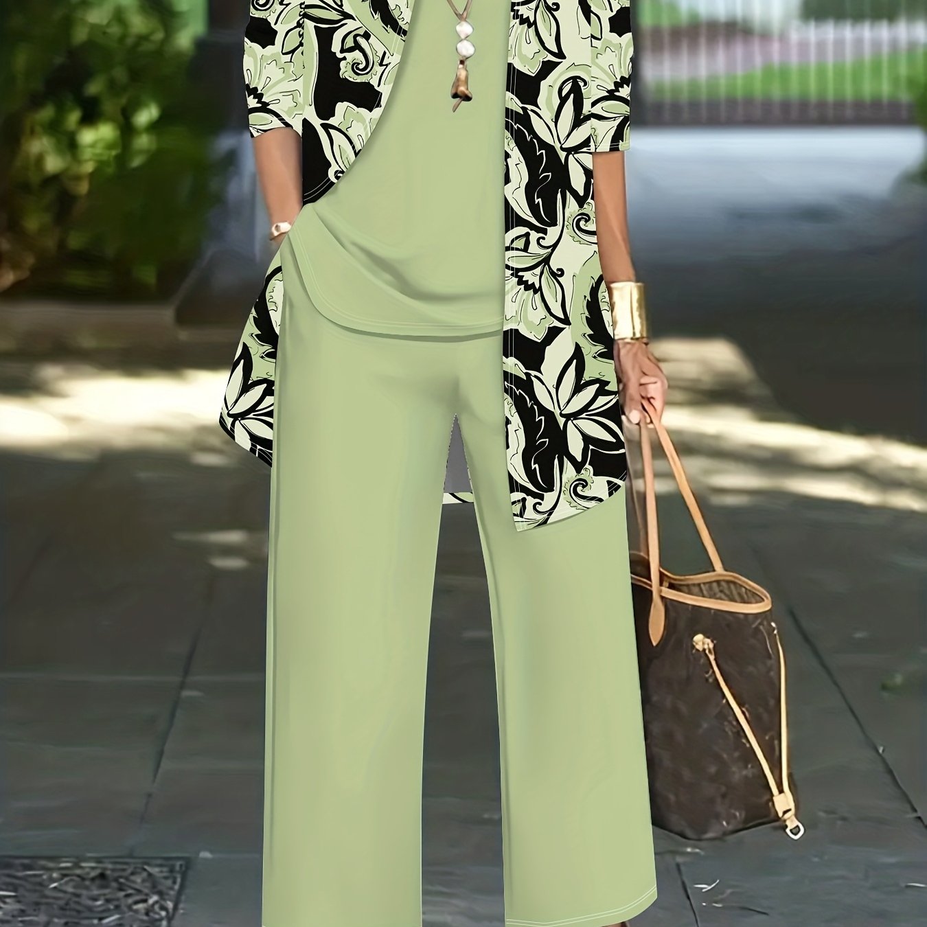 Image of 3pcs Women's Suit: Cardigan Jacket With A Vest Top And Printed Elegant Casual Pants, Essential For Everyday Wear