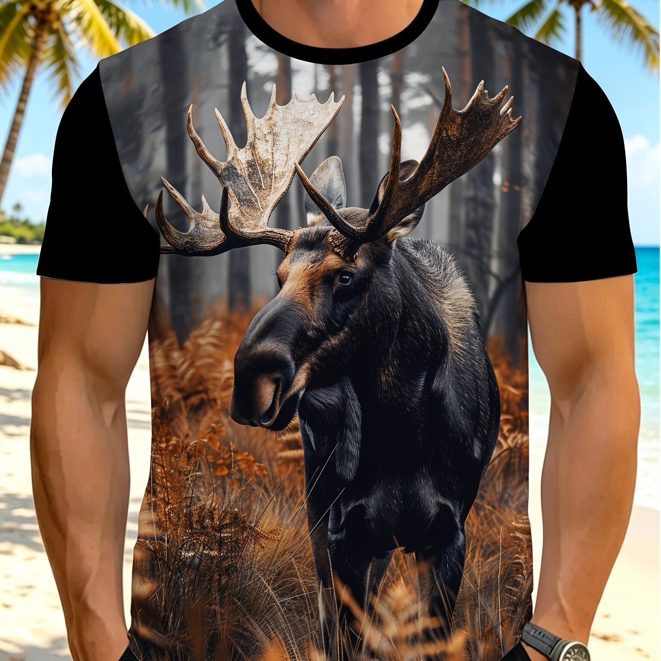 TEMU Men's T-shirt, Summer New Realistic Forest Moose Pattern Casual Short Sleeve Tee For Hiking, Running, Fitness, And Casual Wear