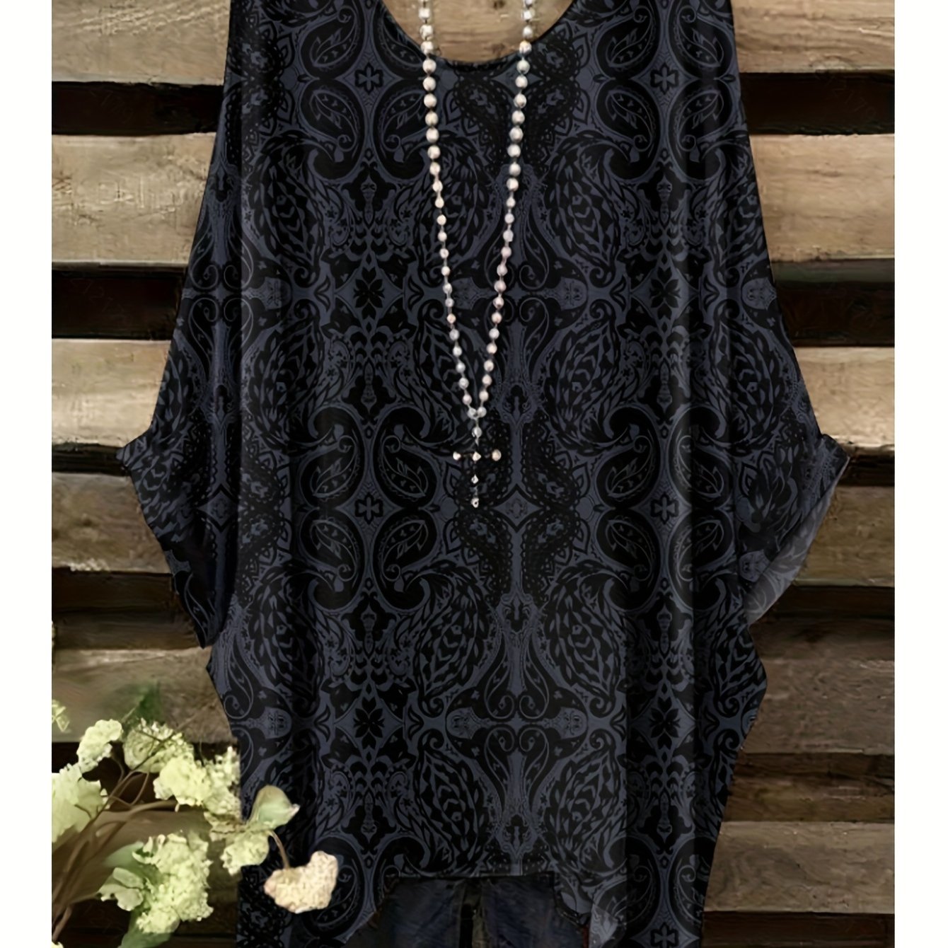 TEMU Plus Size - Plus Size - Plus Size- Plus Size- Plus Size Short-sleeve T-shirt, Paisley Pattern Print, Featuring An Irregular Hem Printing,