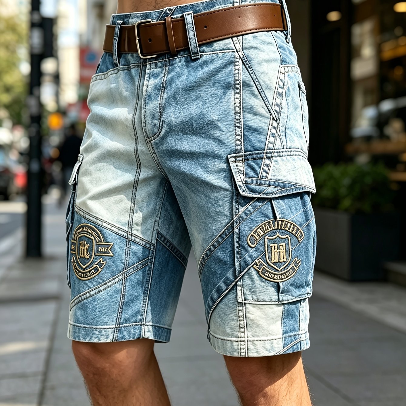 Men's Vintage Washed Denim Cargo Shorts Blue Jean Shorts With Multi-pockets & Embroidered Badge Summer Casual Workwear Pants (pants Only)