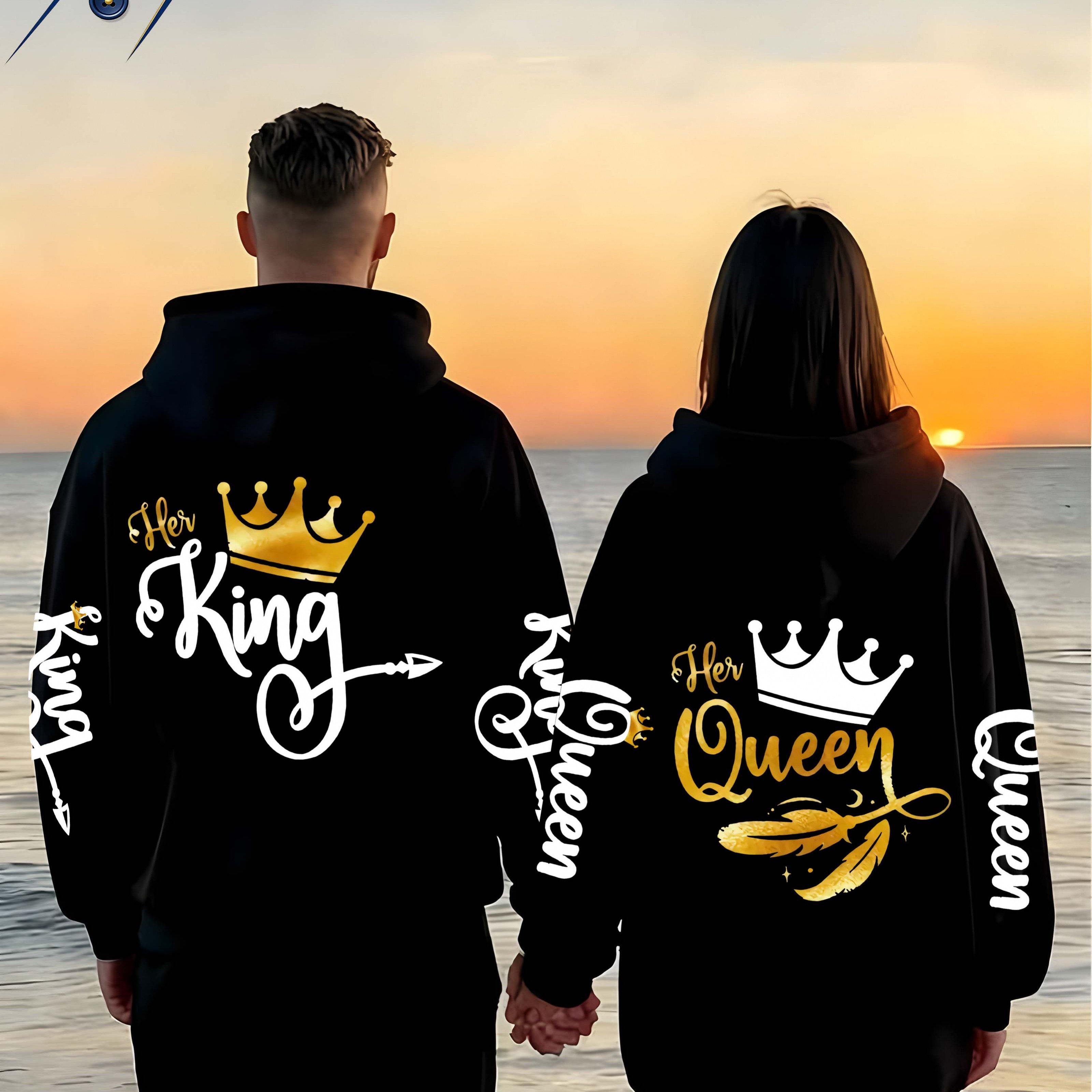 TEMU Two-piece Set, Full Of For Couples In Autumn And Winter! & Her Queen Matching Crown Arrow Feather Print Couple Hoodie Sweatshirt, Suitable For