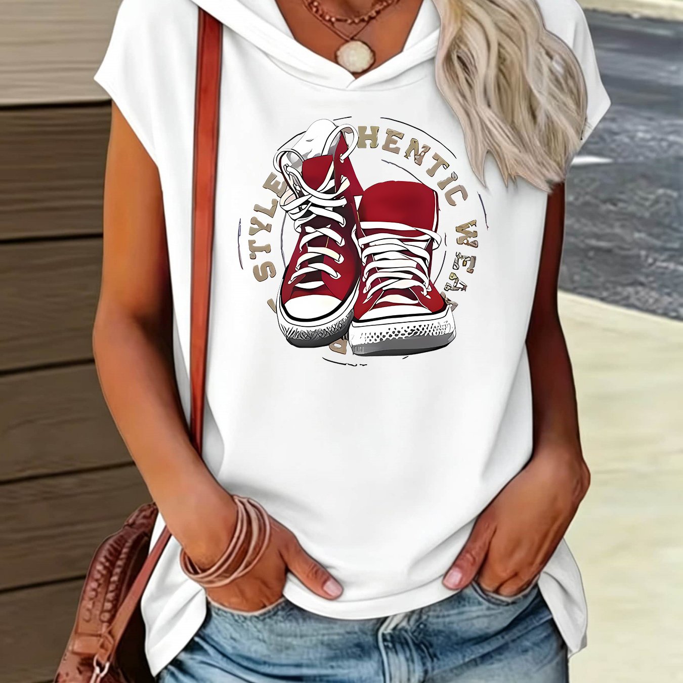 TEMU Women's Sneaker Print Hooded T-shirt - Sleeveless Loose Fit Tank Top With Hood, Machine Washable Casual Suitable For Spring/summer Daily Wear &