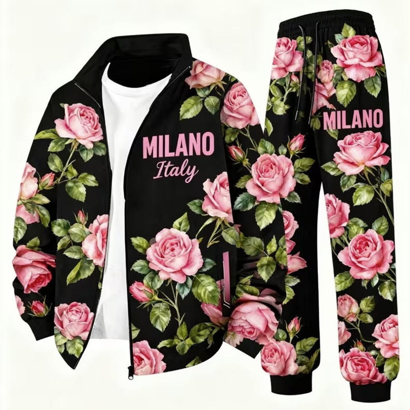 Image of Men's Fashion Casual Style Floral Print Zip Up Jacket Pants Set Italy Rose Pattern Men's Wear For Adult Men Holiday Gift Casual Wear Plus Size Men Clothing, Plus Size