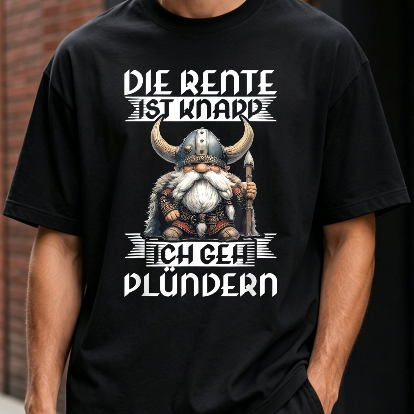 Image of Men' Funny Retirement T-shirt - German "die Rente Ist " Slogan & Bearded Gnome - Humorous Retirement Gift Suitable For Wear, Machine Washable Casual Round Neck Tee