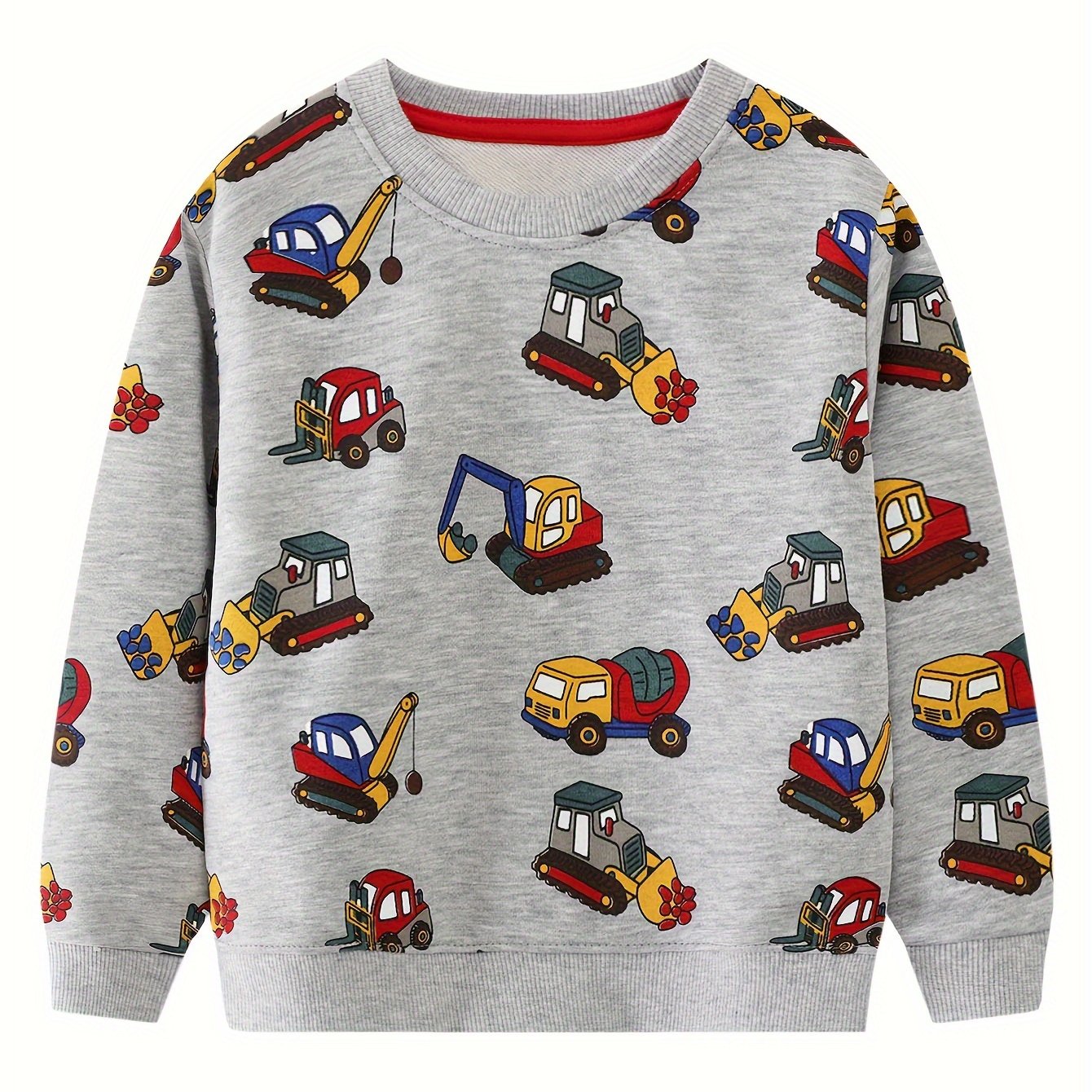 Image of Spring/autumn Casual Boys' Long Sleeve Sweatshirt With Cartoon Excavator Engineering Vehicle Cotton Knit Sports Top, Random Pattern