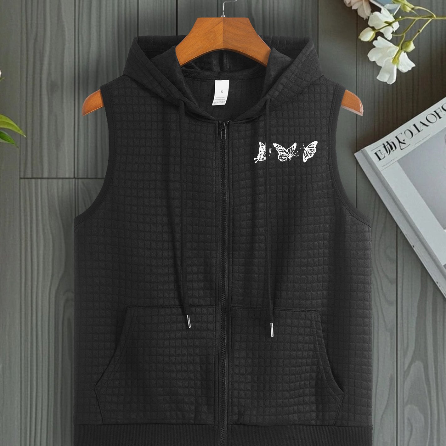 TEMU Women's Vest With Pattern Print And Zipper, Polyester Sleeveless Jacket With Pockets